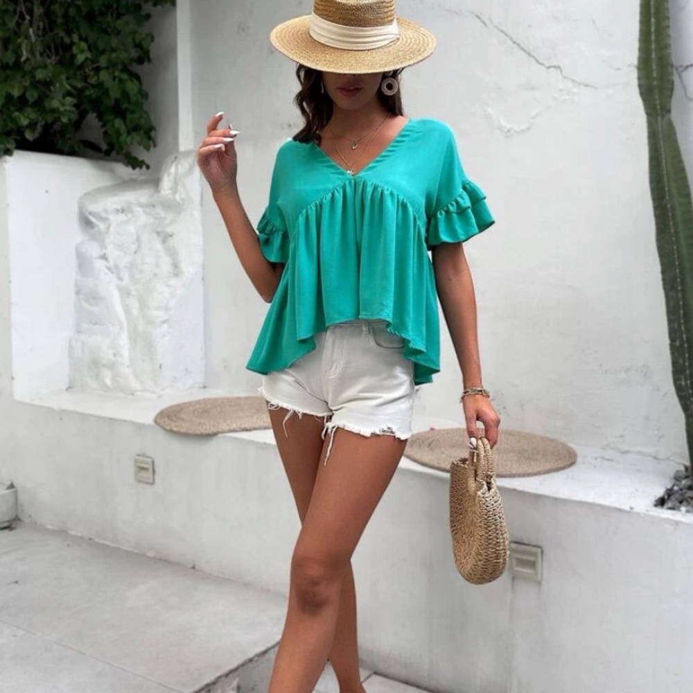 Flounce sleeve ruffle hem blouse